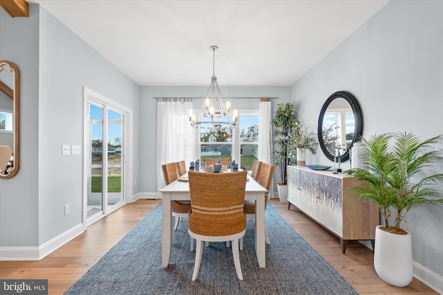 dining room featuring a chandelier, wood-type flooring, and plenty of natural light