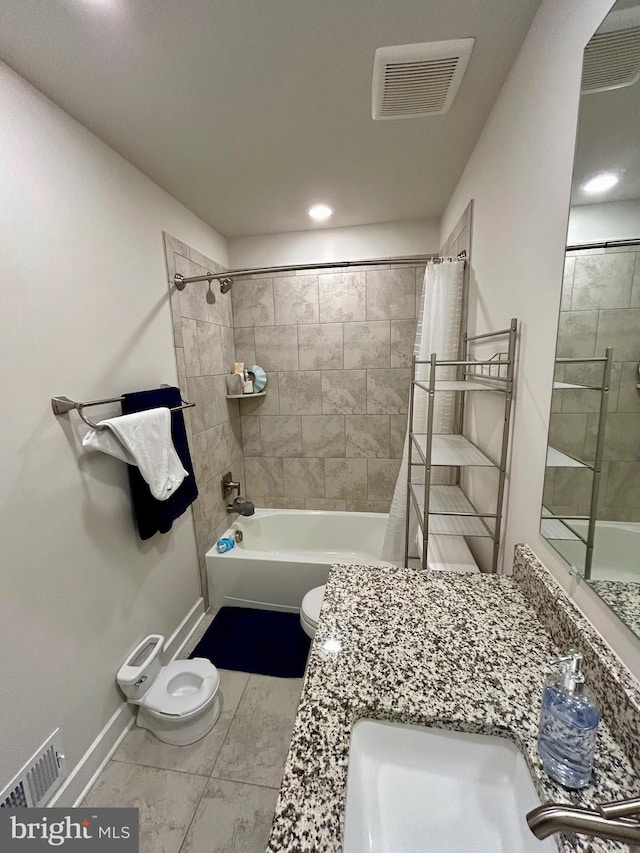 full bathroom featuring shower / bath combination with curtain, toilet, and vanity