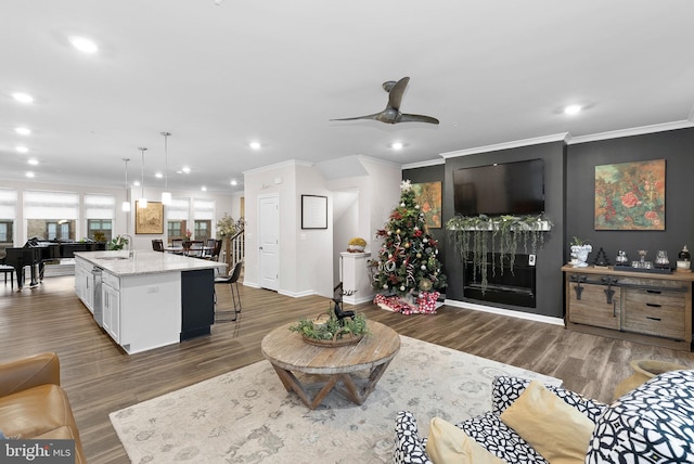 living room featuring dark hardwood / wood-style flooring, ceiling fan, ornamental molding, and sink