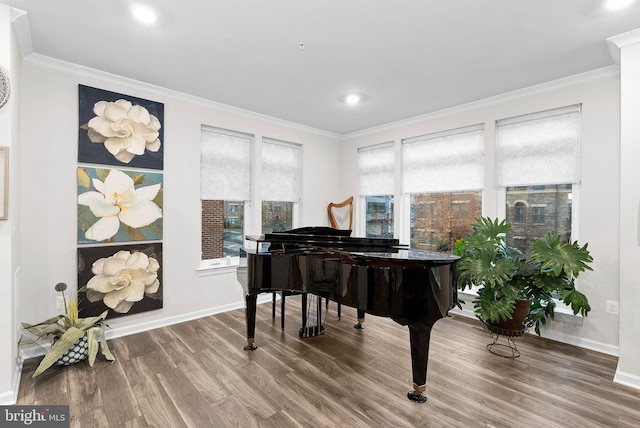 misc room with hardwood / wood-style floors, a wealth of natural light, and crown molding