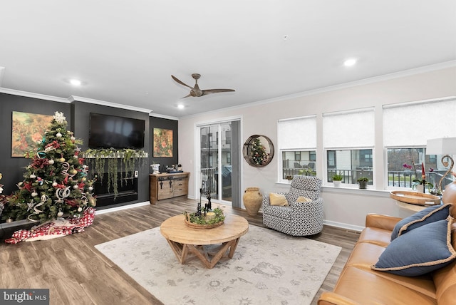 living room featuring ceiling fan, wood-type flooring, and ornamental molding