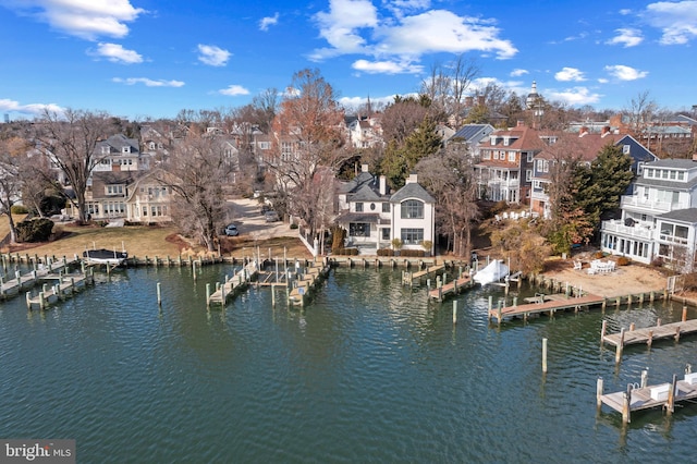 drone / aerial view with a water view