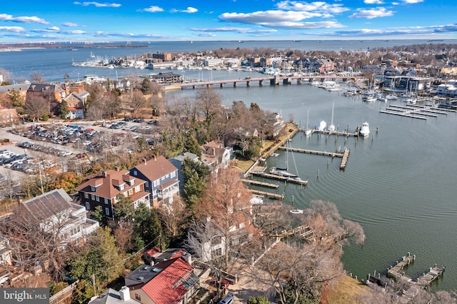 drone / aerial view featuring a water view