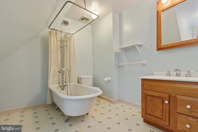 full bathroom featuring plus walk in shower, vanity, and toilet