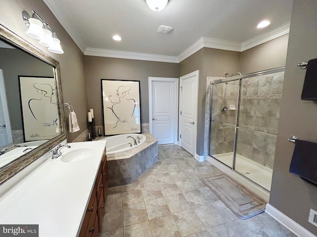 bathroom with vanity, independent shower and bath, and ornamental molding