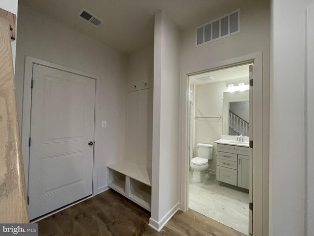 bathroom with hardwood / wood-style floors, vanity, and toilet