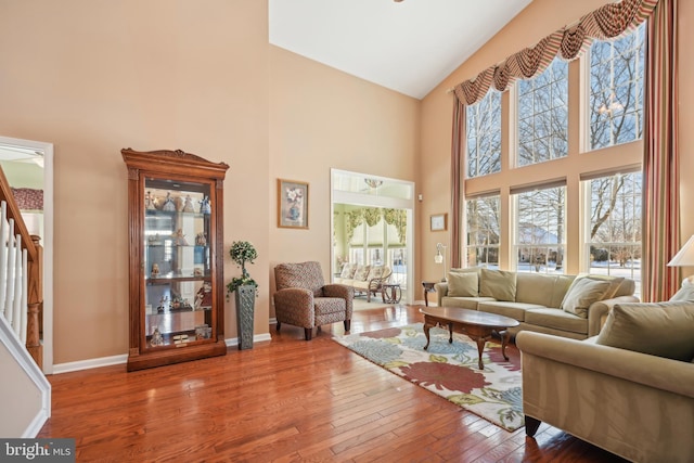 living room featuring plenty of natural light, a high ceiling, and hardwood / wood-style floors