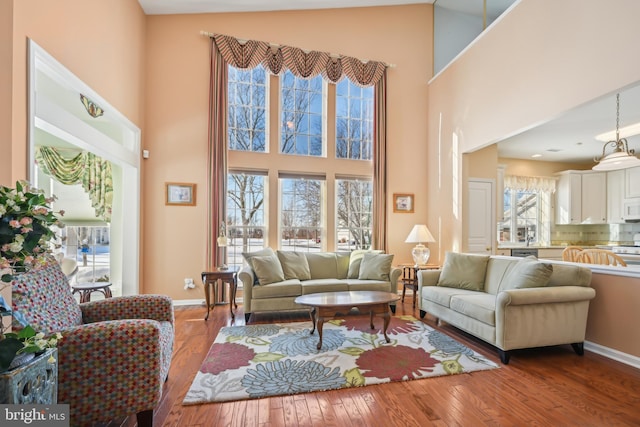 living room featuring a high ceiling, plenty of natural light, and light hardwood / wood-style flooring