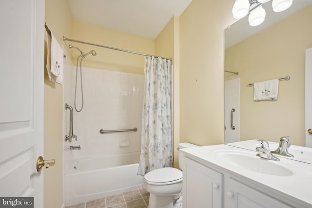 full bathroom featuring toilet, vanity, and shower / bathtub combination with curtain