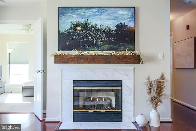 interior details with a fireplace and hardwood / wood-style floors