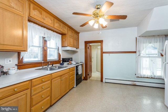 kitchen with sink, electric range, ceiling fan, a textured ceiling, and a baseboard radiator