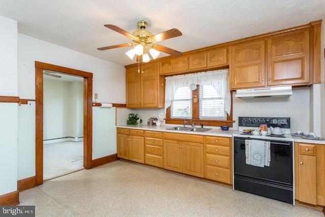 kitchen with electric stove, sink, ceiling fan, a textured ceiling, and baseboard heating