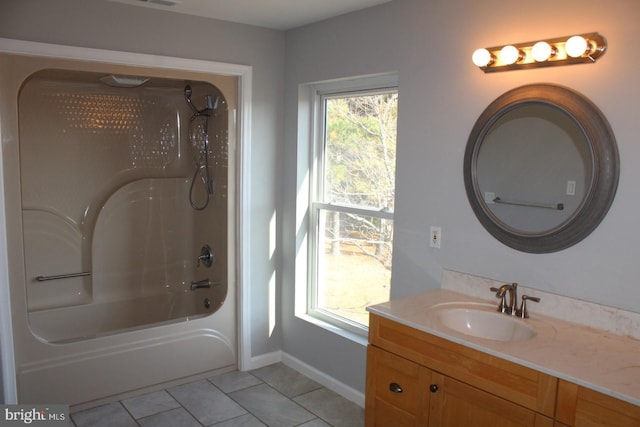 bathroom featuring tile patterned flooring, vanity, and bathing tub / shower combination