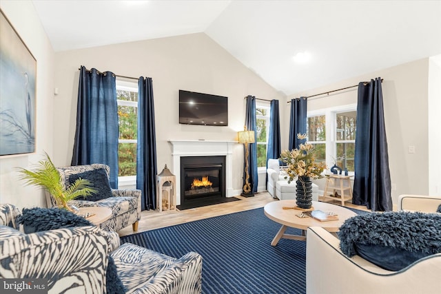 living room with plenty of natural light, light hardwood / wood-style floors, and vaulted ceiling