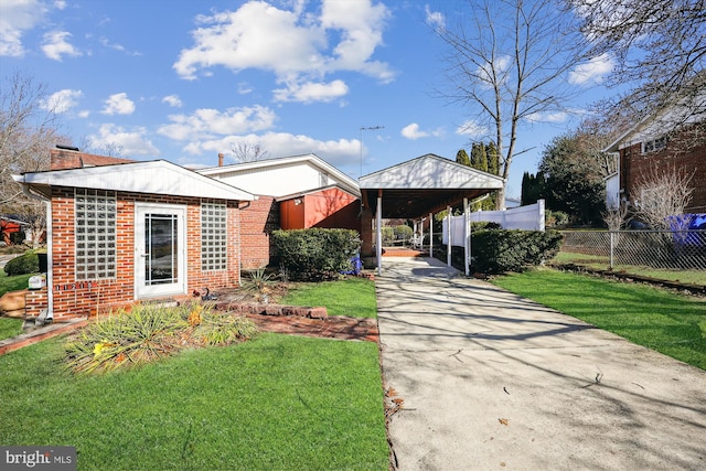 bungalow-style home featuring a carport and a front yard