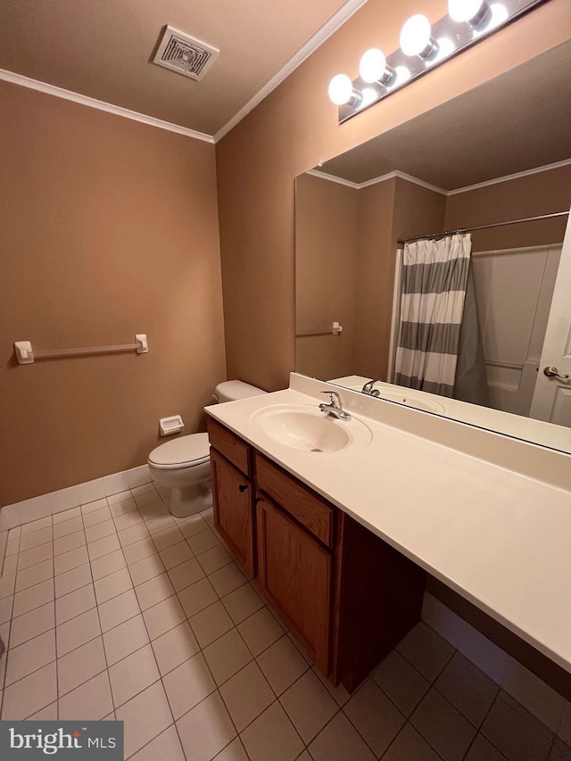 bathroom with curtained shower, tile patterned flooring, toilet, vanity, and ornamental molding