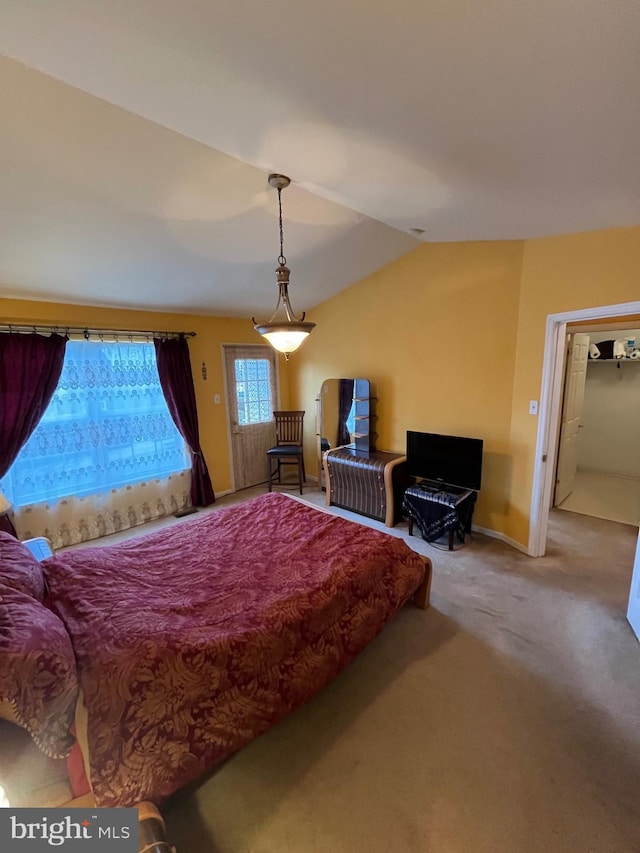 bedroom with lofted ceiling and carpet floors