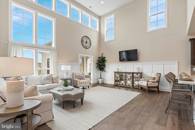 living room with hardwood / wood-style floors and a towering ceiling