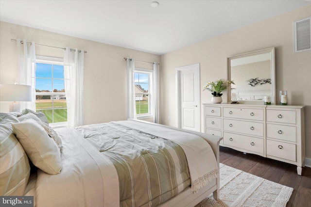 bedroom featuring multiple windows and dark wood-type flooring