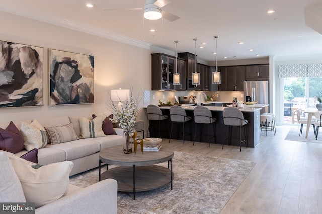 living room with light wood-type flooring, ceiling fan, ornamental molding, and sink