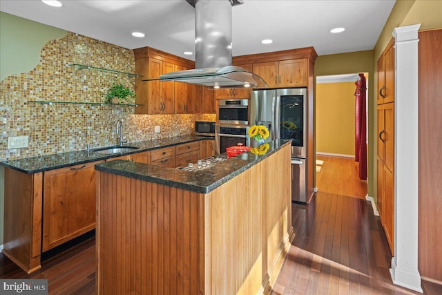 kitchen with a sink, open shelves, a kitchen island, island range hood, and dark wood-style flooring