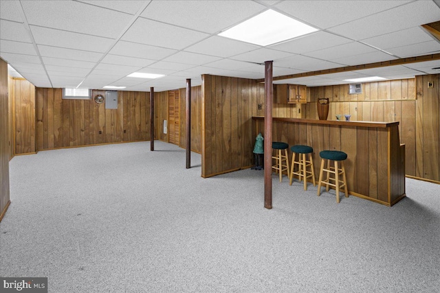 bar featuring carpet floors, wooden walls, and a dry bar