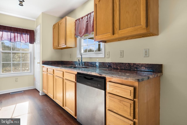 kitchen featuring dishwasher, dark wood-type flooring, a healthy amount of sunlight, and sink