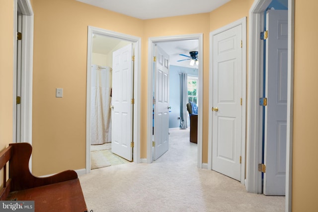 hall featuring light colored carpet