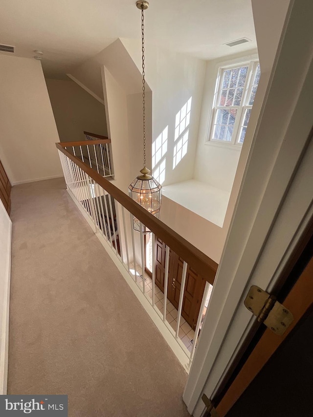 staircase featuring carpet and a high ceiling