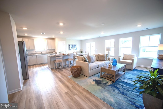 living room featuring light wood-type flooring and sink