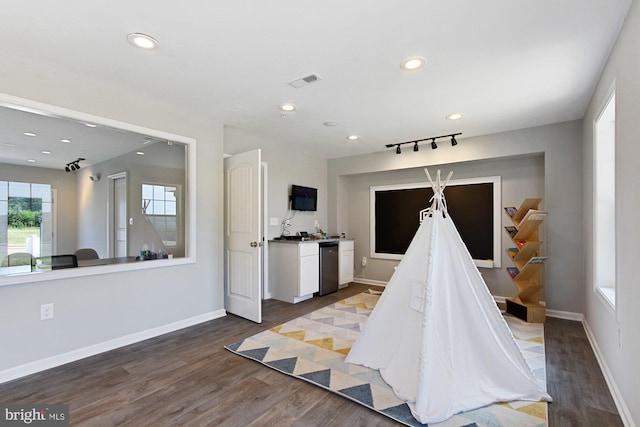 game room featuring dark wood-type flooring