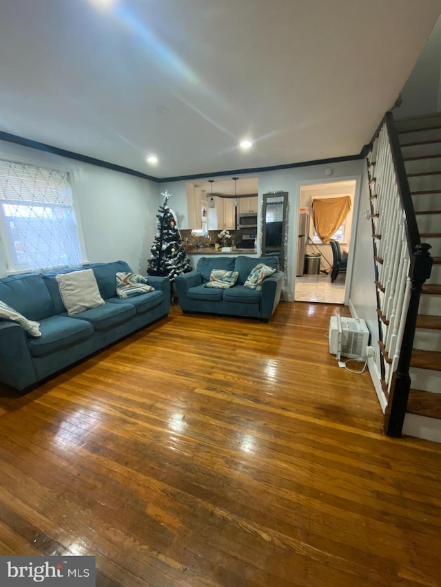 living room with dark wood-type flooring