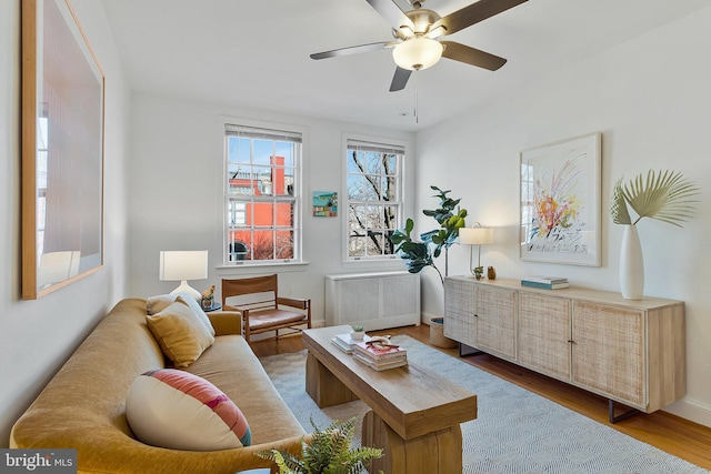 living room with ceiling fan, radiator, and hardwood / wood-style floors