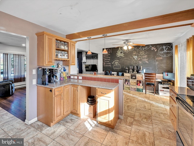 kitchen with kitchen peninsula, ceiling fan, electric stove, beam ceiling, and light brown cabinets