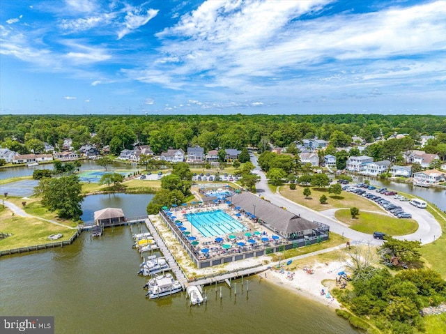 birds eye view of property featuring a water view