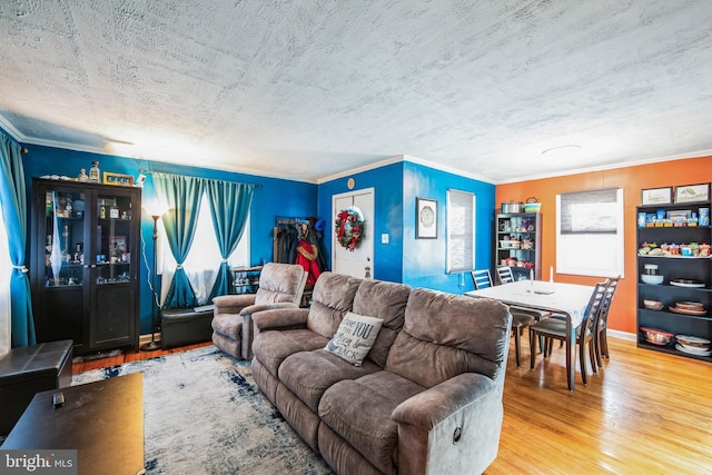 living room featuring hardwood / wood-style floors, a textured ceiling, and crown molding