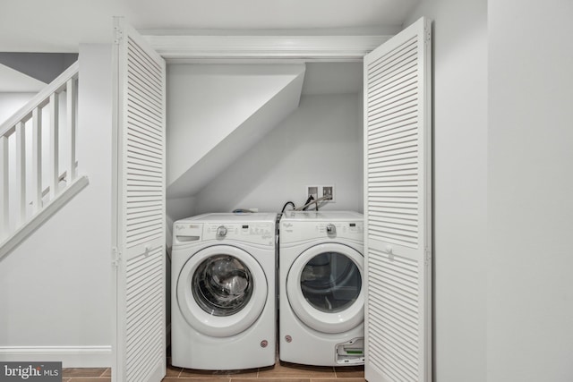 laundry room with washing machine and clothes dryer, laundry area, and wood finish floors