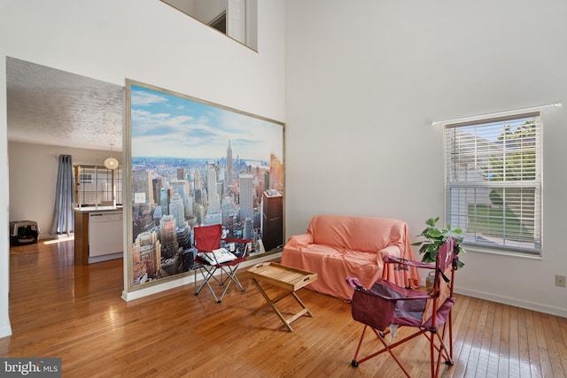 living area with a textured ceiling and hardwood / wood-style flooring