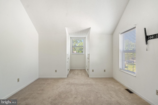 spare room with a healthy amount of sunlight, light colored carpet, and vaulted ceiling