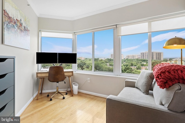 office space with light hardwood / wood-style floors and crown molding