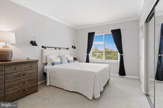 carpeted bedroom with crown molding