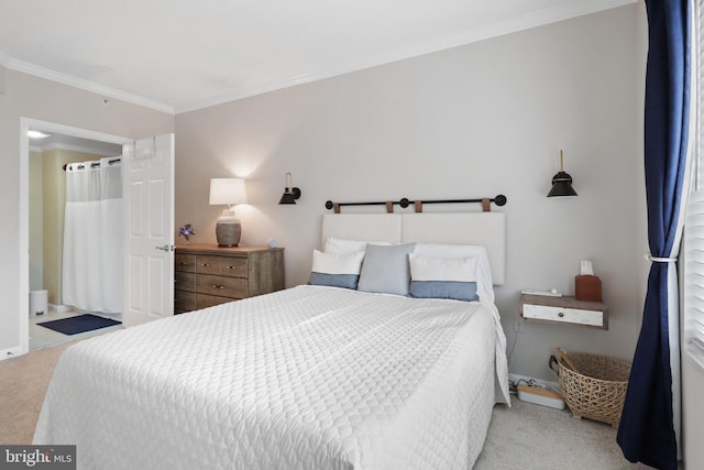 carpeted bedroom with crown molding