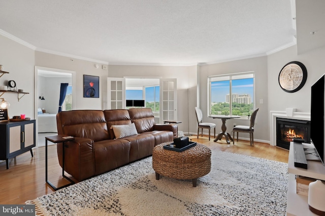 living room featuring french doors, crown molding, and light hardwood / wood-style flooring