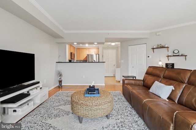 living room featuring crown molding and light hardwood / wood-style floors