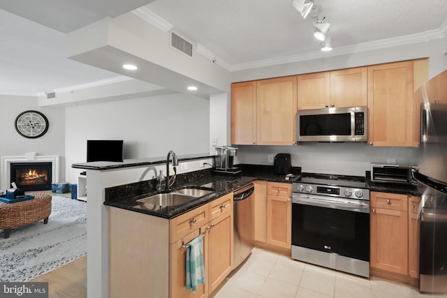 kitchen with kitchen peninsula, sink, dark stone counters, and appliances with stainless steel finishes