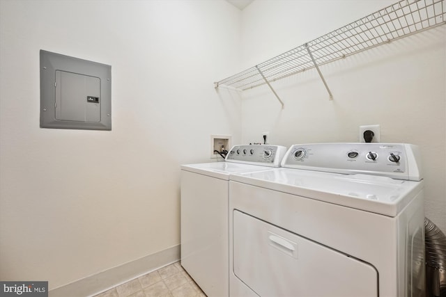 laundry room with electric panel and washer and clothes dryer