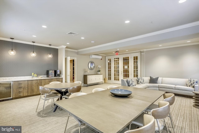 dining area featuring french doors, light colored carpet, crown molding, an AC wall unit, and wine cooler