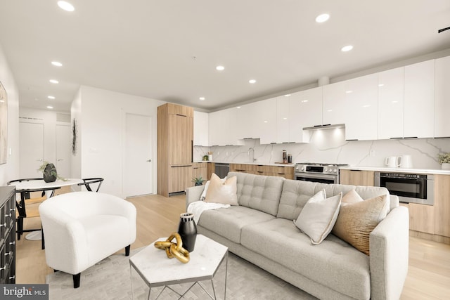 living room featuring light wood-type flooring and sink