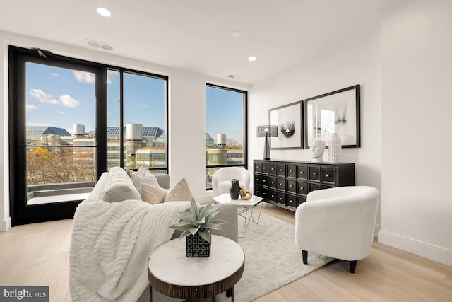 living area featuring floor to ceiling windows and light hardwood / wood-style flooring