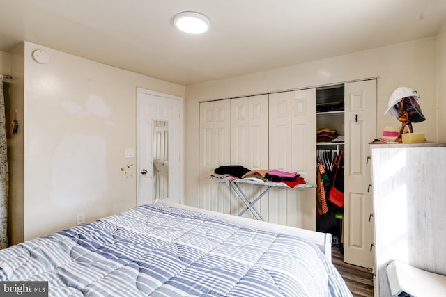 bedroom with a closet and hardwood / wood-style floors